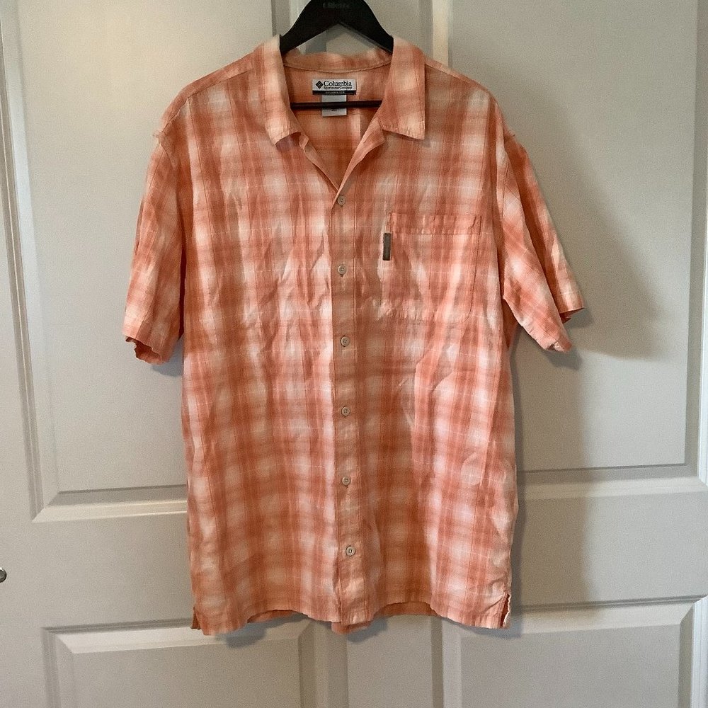 Columbia Men's Size XL Shirt Orange Plaid Collar Short sleeve Button up Cotton